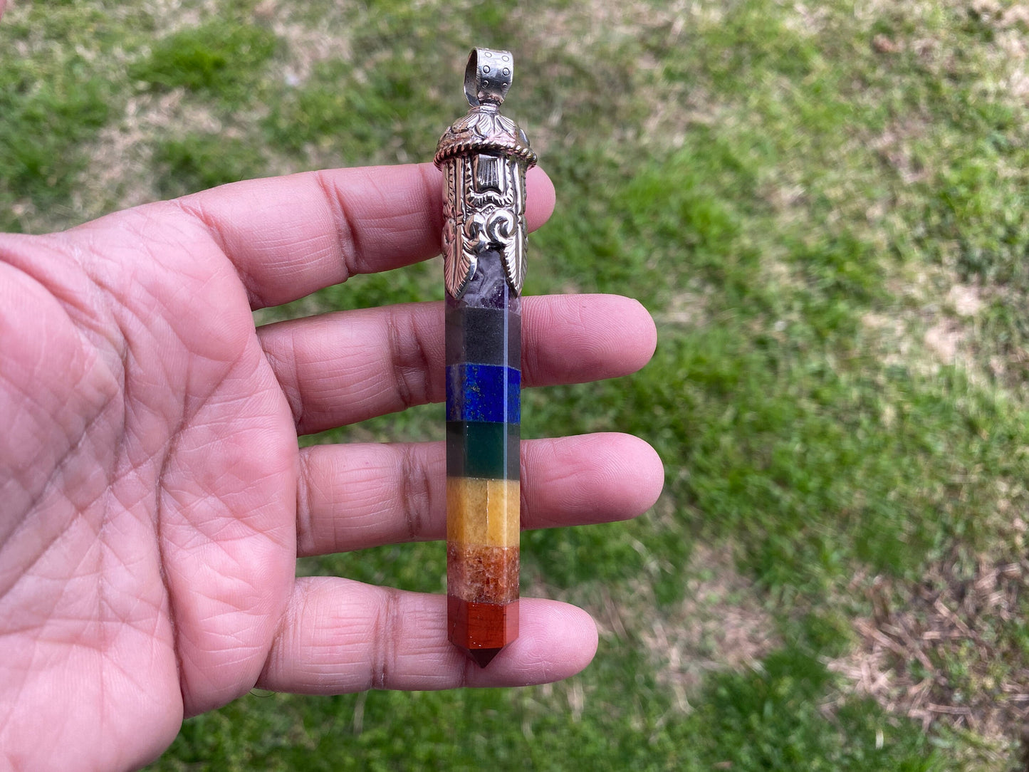 Long Seven Chakra Crystal Point Tibetan Silver Pendant, Multi gemstone Pendant for Necklace, Healing Crystal, Boho Pendant, Hippie Pendant,
