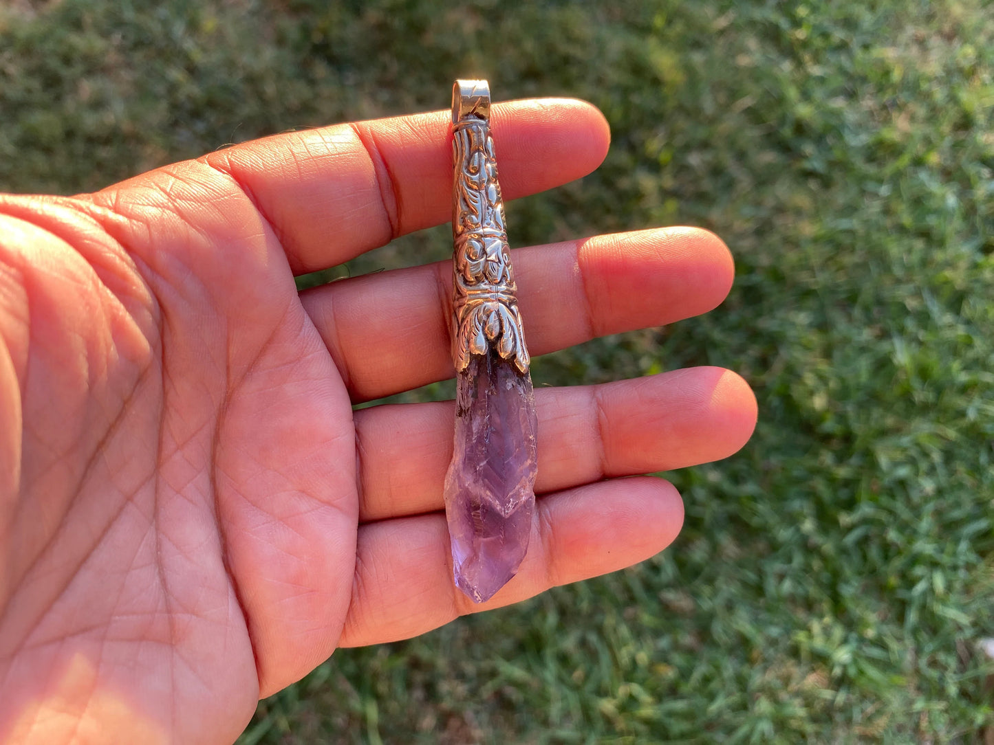 Long Shape Raw Amethyst Tibetan Silver Pendant, Natural Stone, Healing Crystal, Fashion Statement, Crystal Vibrations, Purple Crystal