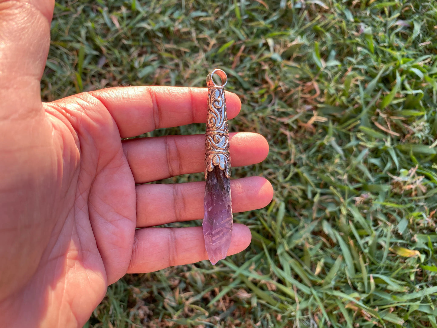 Long Shape Raw Amethyst Tibetan Silver Pendant, Natural Stone, Healing Crystal, Purple Crystal, Energy Stone, Spiritual Jewelry, Boho Chic