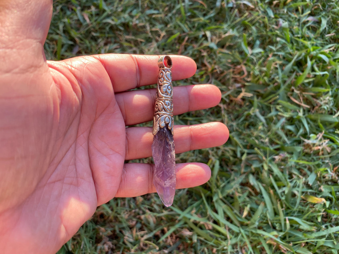Long Shape Raw Amethyst Tibetan Silver Pendant, Natural Stone, Healing Crystal, Purple Crystal, Energy Stone, Spiritual Jewelry, Boho Chic