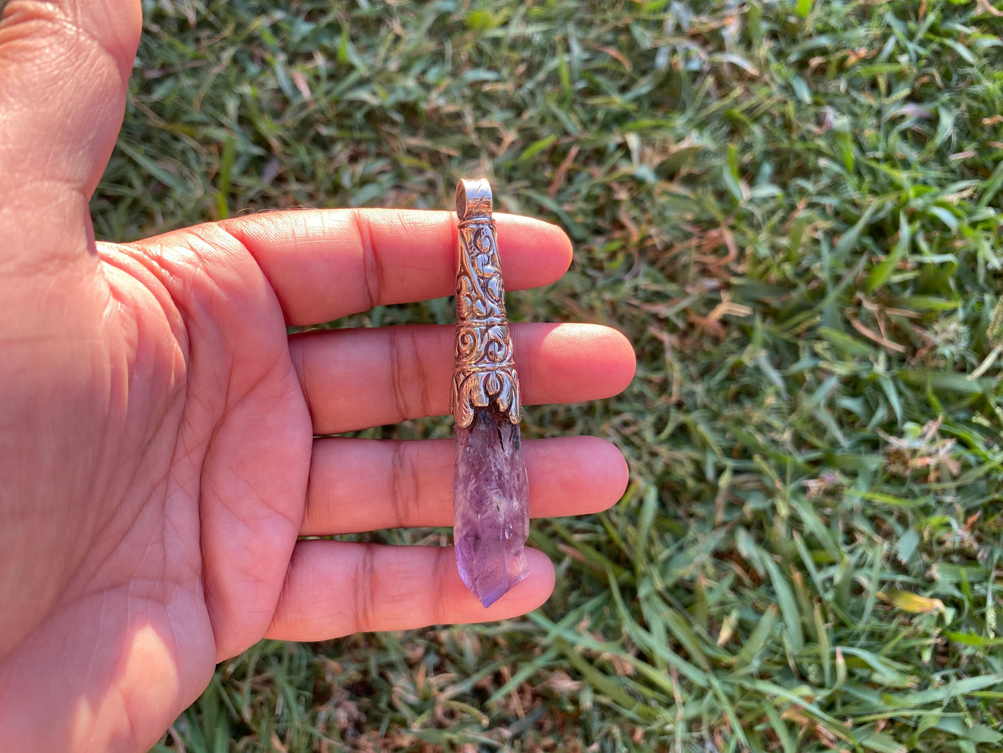 Long Shape Raw Amethyst Tibetan Silver Pendant, Natural Stone, Healing Crystal, Purple Crystal, Energy Stone, Spiritual Jewelry, Boho Chic
