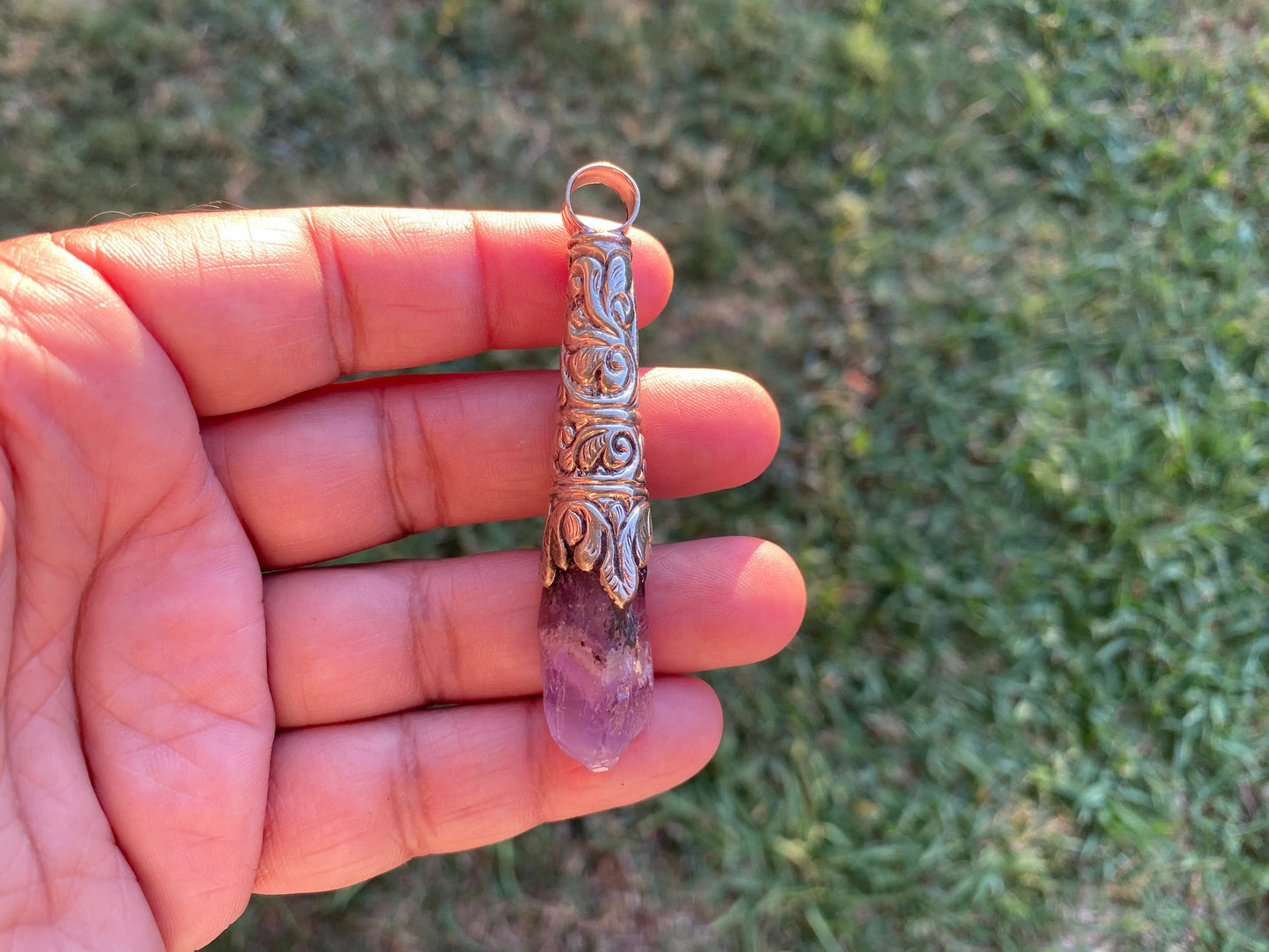Long Shape Raw Amethyst Tibetan Silver Pendant, Natural Stone, Healing Crystal, Fashion Statement, Crystal Vibrations, Purple Crystal