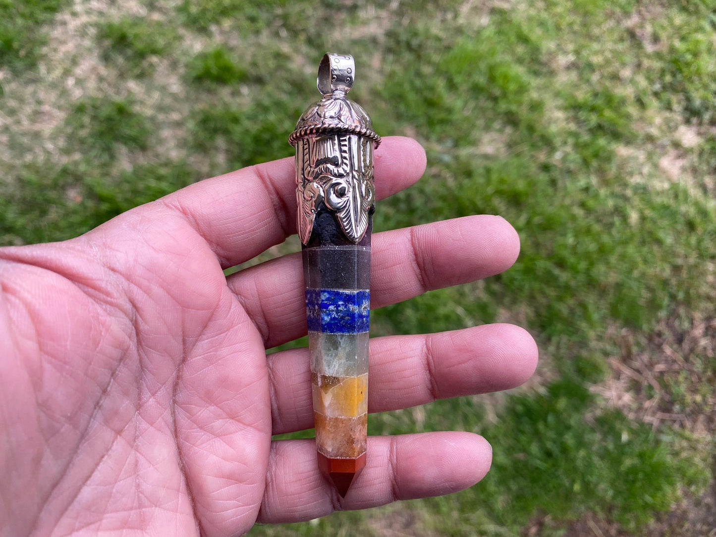Long Unique 7 Chakra Crystal Point Tibetan Silver Pendant, Chakra Jewelry, Healing Crystal Jewellery, Boho Pendant, Hippie Big Pendant,
