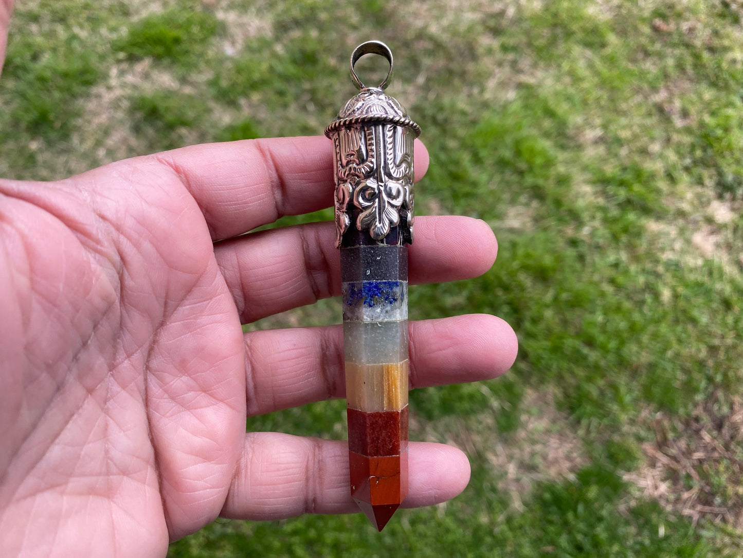 Long Unique 7 Chakra Crystal Point Tibetan Silver Pendant, Chakra Jewelry, Healing Crystal Jewellery, Boho Pendant, Hippie Big Pendant,