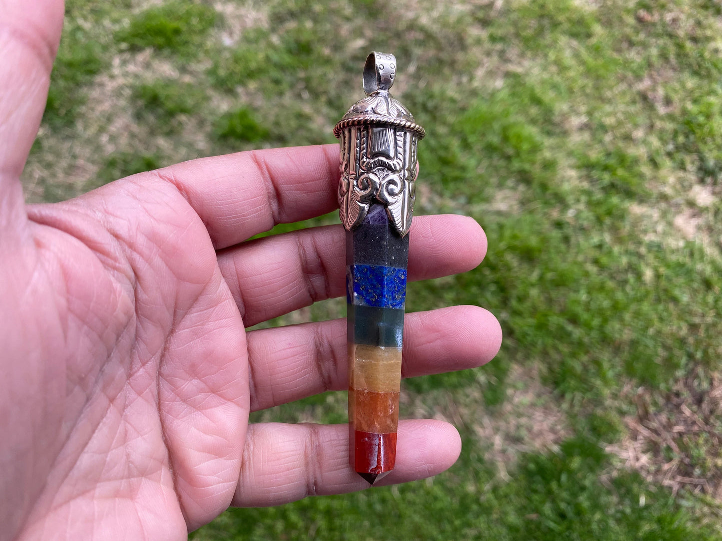 Long Unique 7 Chakra Crystal Point Tibetan Silver Pendant, Chakra Jewelry, Healing Crystal Jewellery, Boho Pendant, Hippie Big Pendant,
