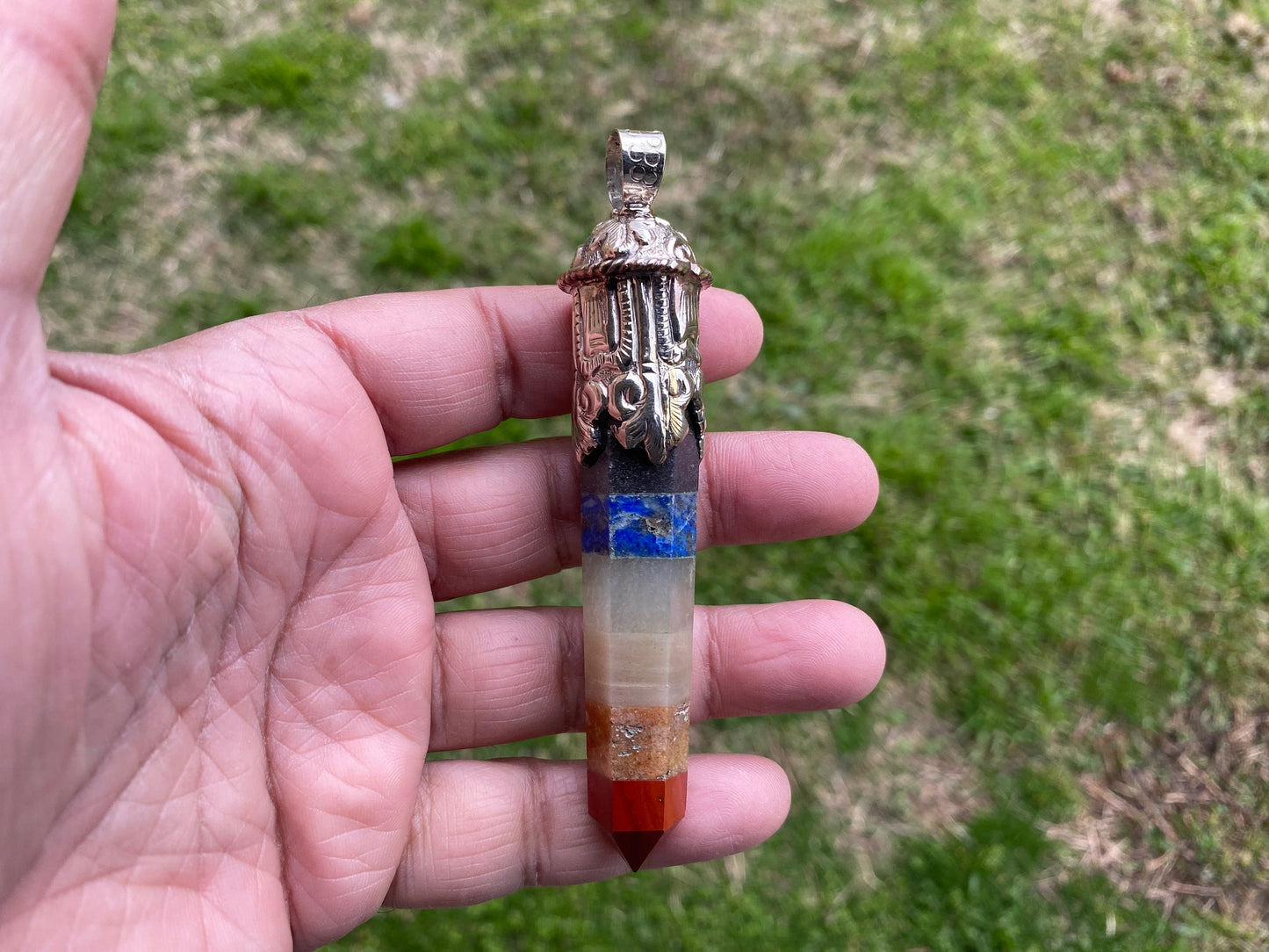 Long Unique 7 Chakra Crystal Point Tibetan Silver Pendant, Chakra Jewelry, Healing Crystal Jewellery, Boho Pendant, Hippie Big Pendant,
