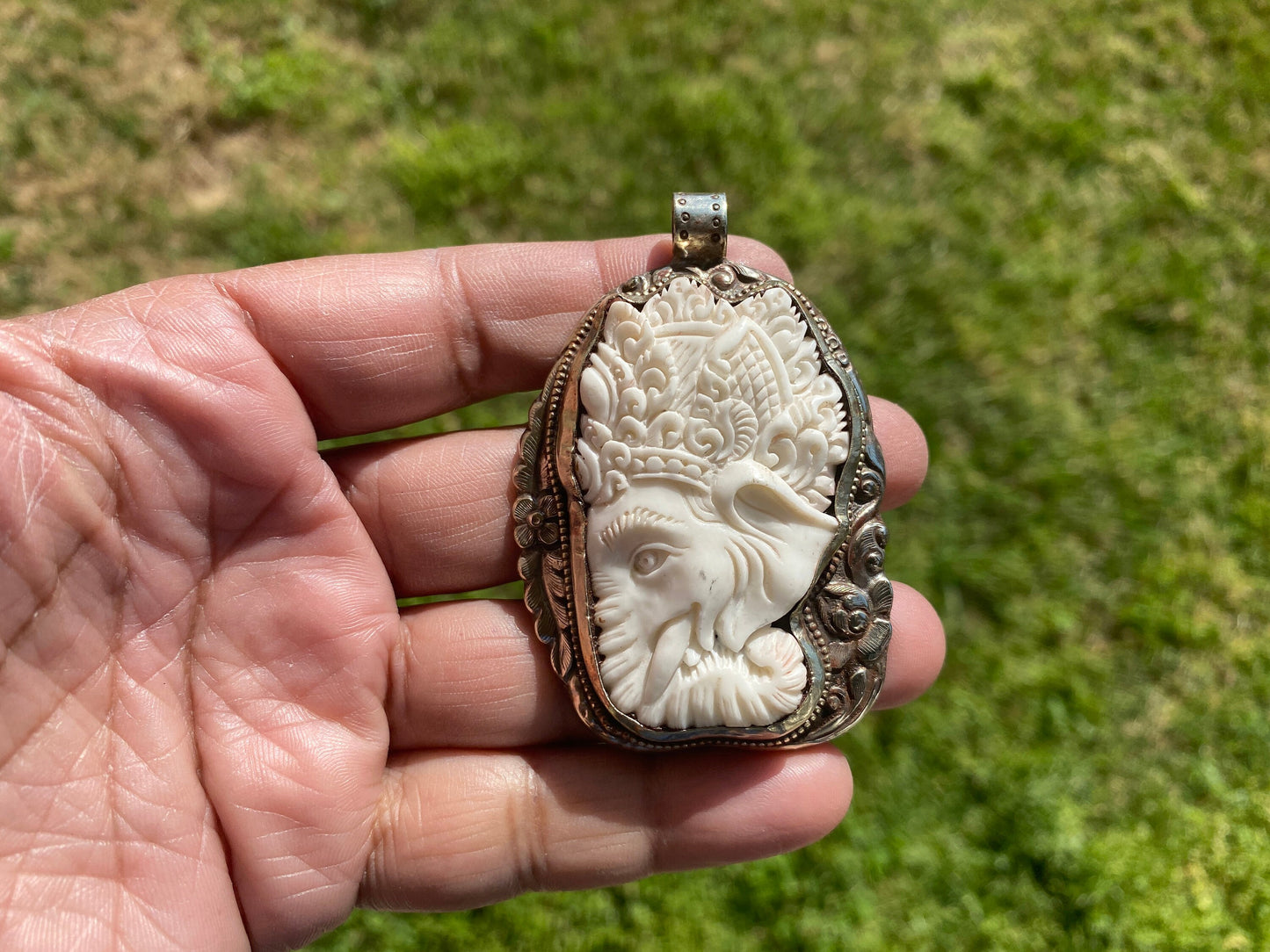 Lord Ganesh Hand Carved Buffalo Bone Tibetan Silver Pendant, Yoga Pendant, Ethnic Jewelry, Spiritual Pendant, Jewelry for Men or Women, Boho
