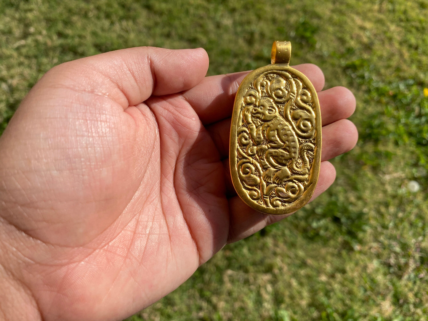 Lord Krishna Pendant, Carved Buffalo Bone 18K Brushed Gold Overlay, Bal Gopal, Hindu God Amulet, Protection Charm, Universal Love, Krisna