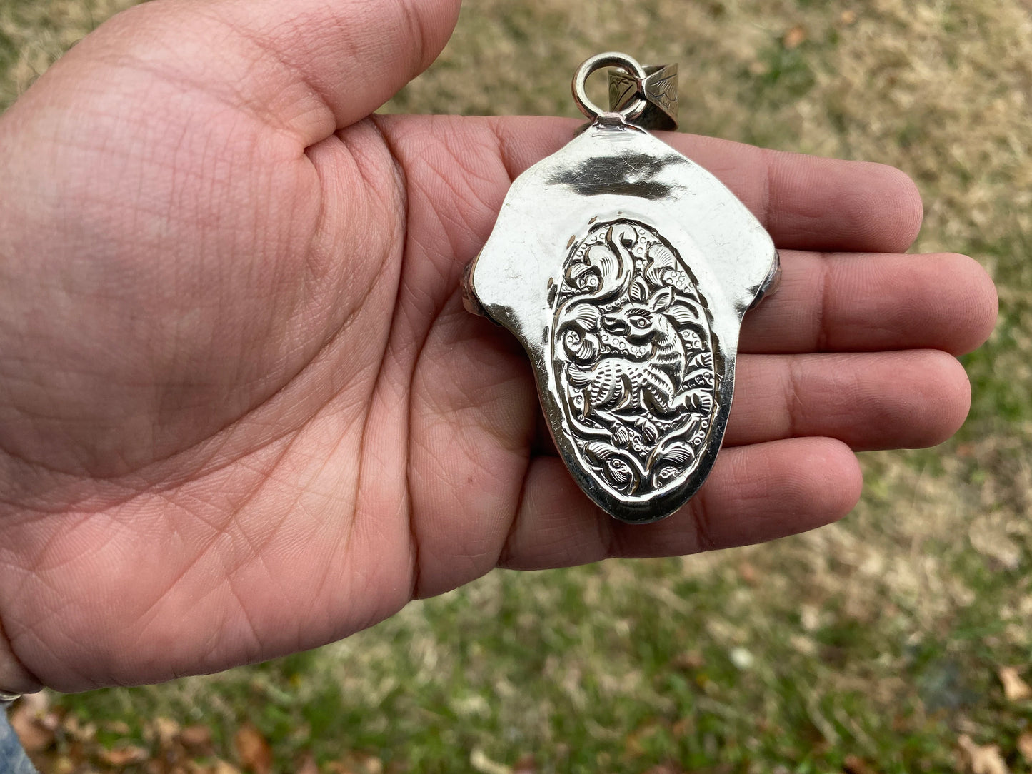 Lotus and Sacred Geometry Hand Carved Bone Tibetan Silver Pendant. Yoga Symbol of Wisdom & Path to Perfection, Buddhism Design. Unisex, Boho