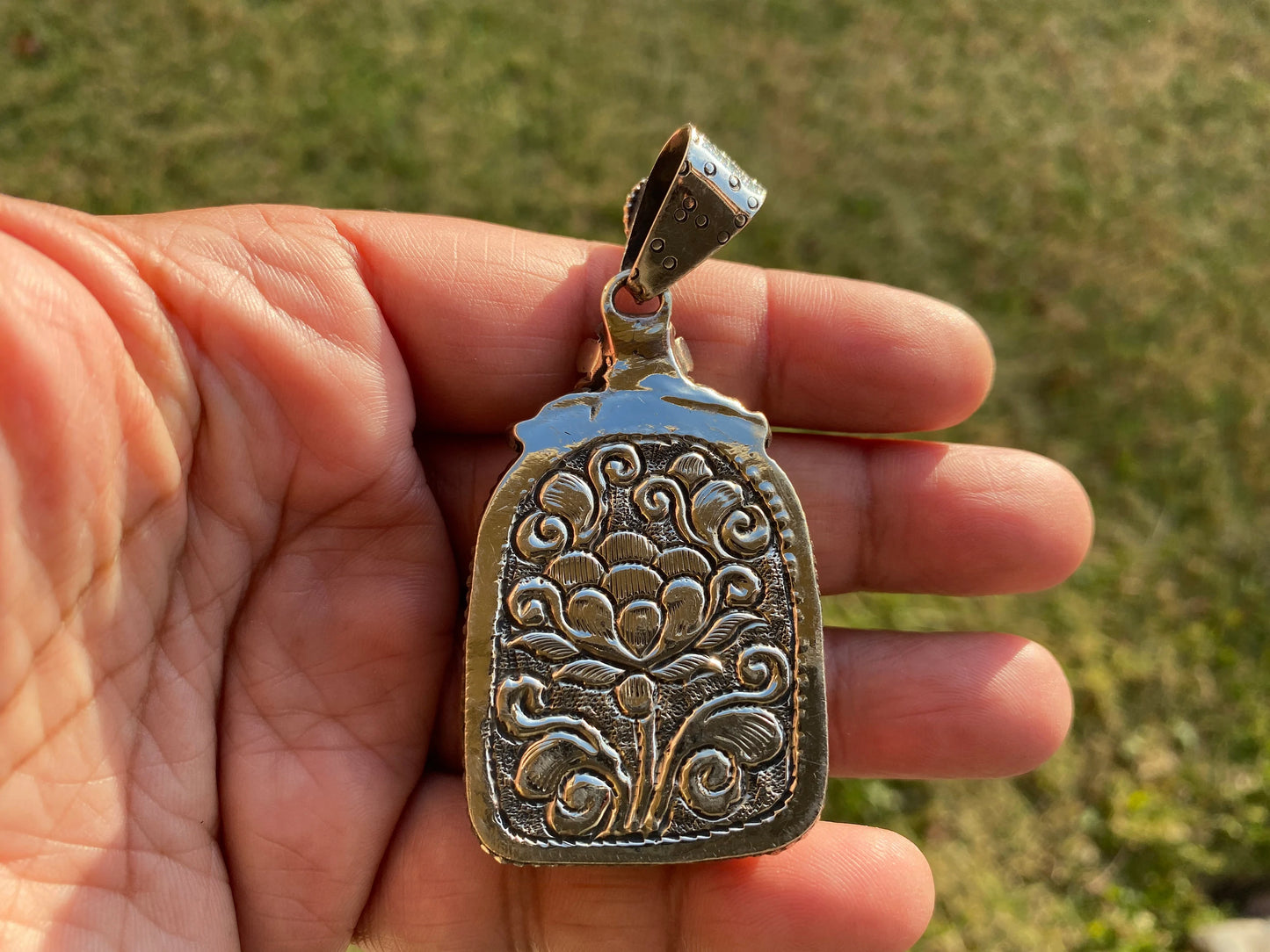 Maitreya Buddha Stabilized Turquoise with Coral Gemstone Tibetan Silver Pendant, Buddhist Jewelry, Buddhist Amulet, Spiritual Jewellery