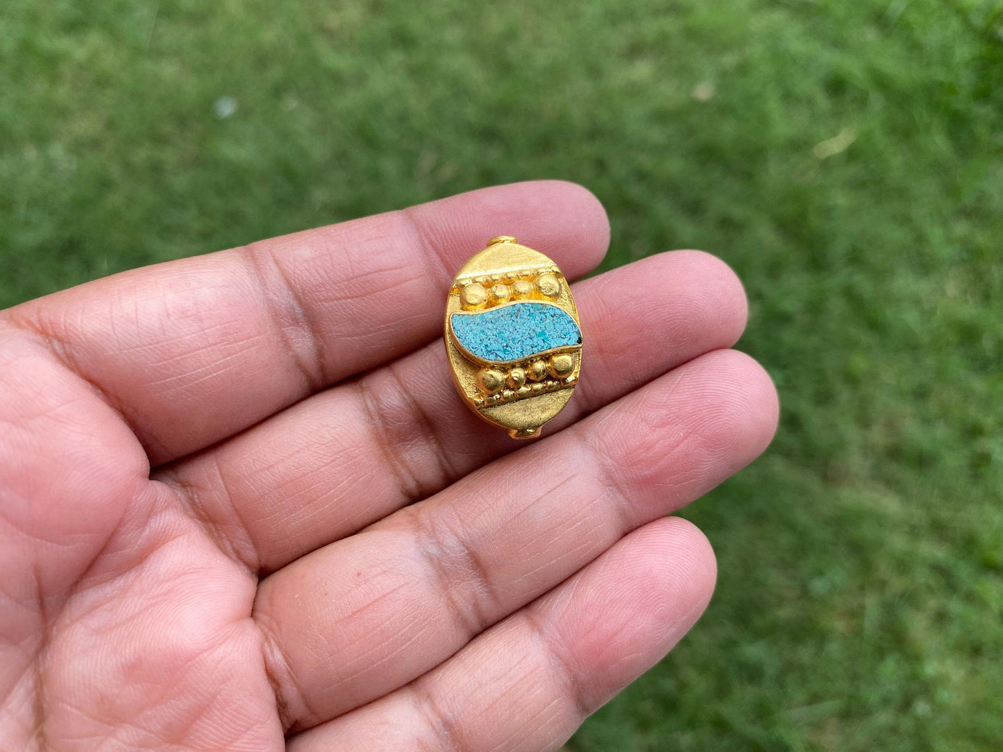Mala Tibetan Beads, High Quality 18k Brushed Gold Overlay with Anti Tarnish, Turquoise Inlay Bead, Bead for Necklace, Bracelet Charm Bead