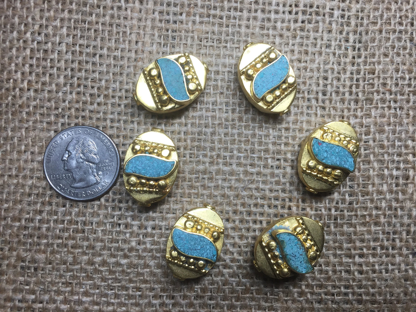 Mala Tibetan Beads, High Quality 18k Brushed Gold Overlay with Anti Tarnish, Turquoise Inlay Bead, Bead for Necklace, Bracelet Charm Bead
