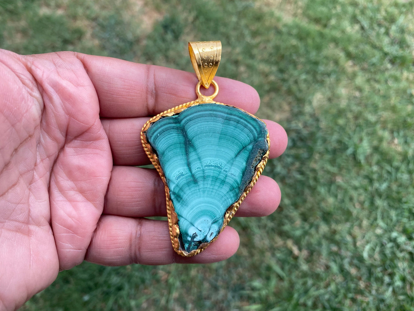 Malachite Pendant, Brushed Gold Overlay, Earthy Elegance, Green Gemstone, Nature-Inspired, Healing Stone, Gem of Transformation, Mineral