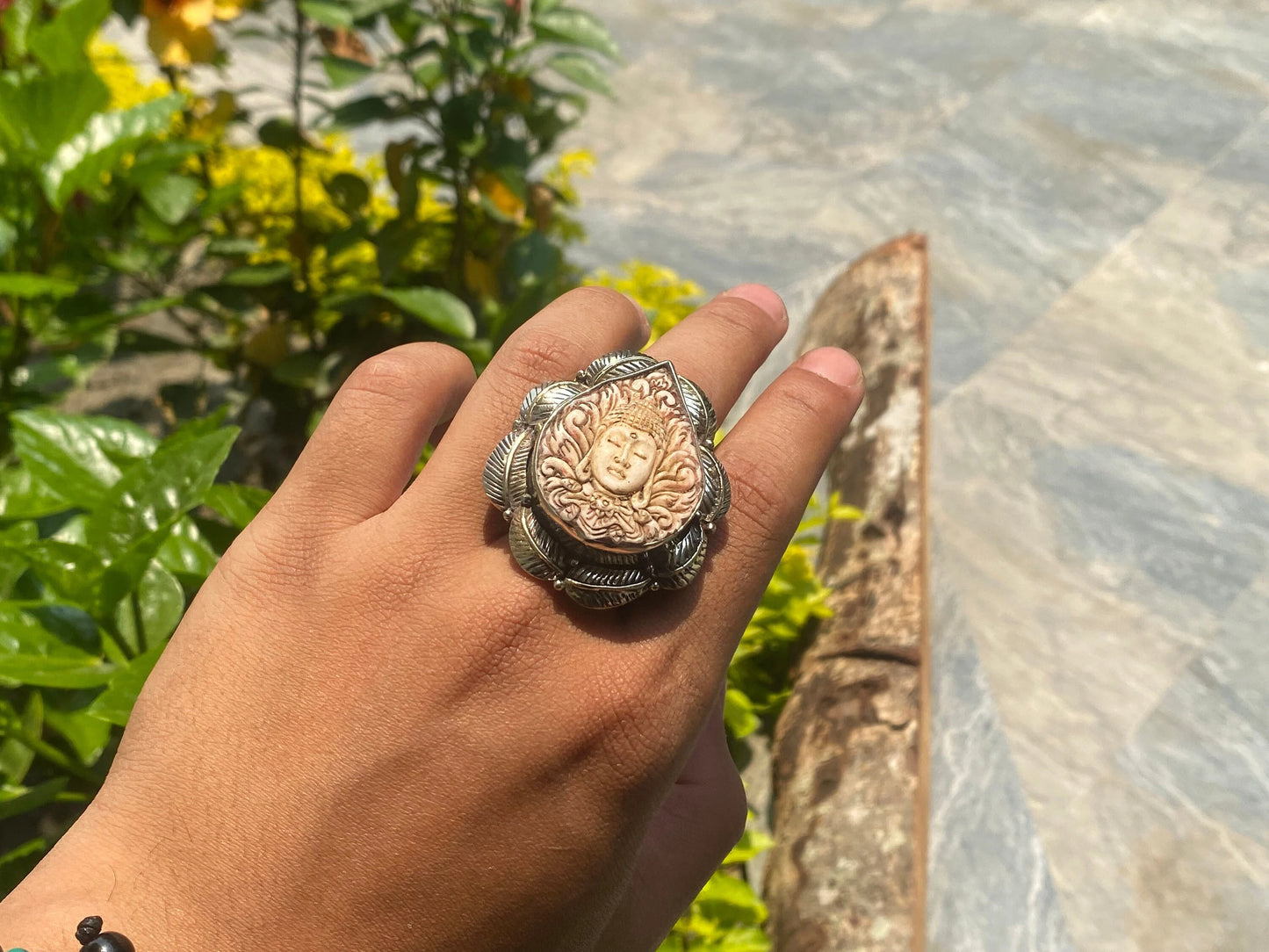 Meditating Buddha Ring Carved on Buffalo Bone, Big Tibetan Silver Ring, Adjustable Ring.