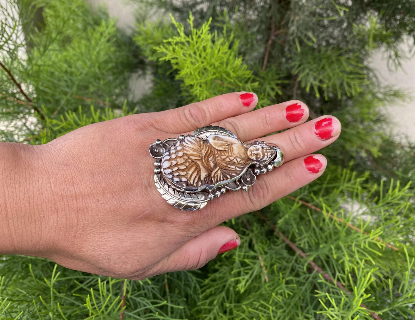 Meditating Buddha Ring Carved on Buffalo Bone, Tibetan Silver Adjustable Unisex Ring, handcrafted jewelry, perfect gift ideas