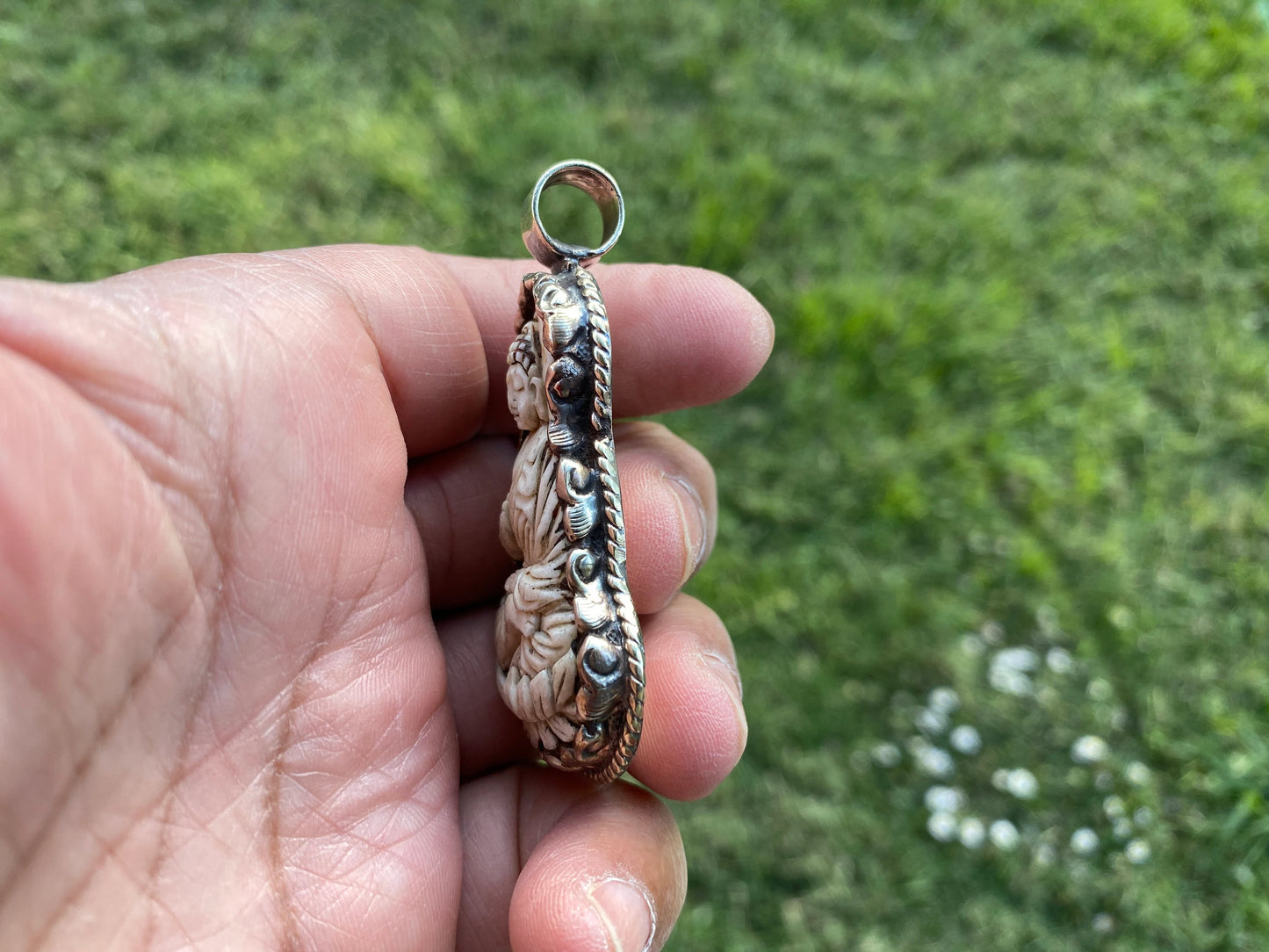 Meditating Buddha Tibetan Silver Pendant, Buffalo Bone Healing Yoga Jewelry, Tranquility Pendant, Spiritual Jewelry, Buddha Bone Pendant