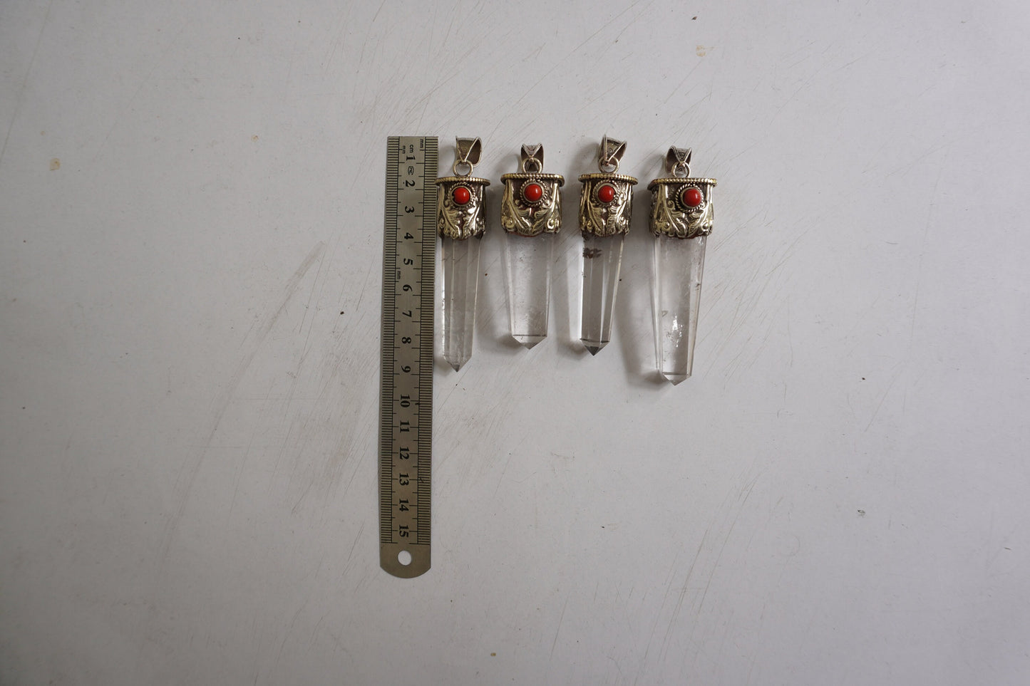Medium Pointed Crystal Pendant with Red Coral in Tibetan Silver | Unique Design, Handmade Hammered Jewelry, Unisex Daily Wear Gift Idea