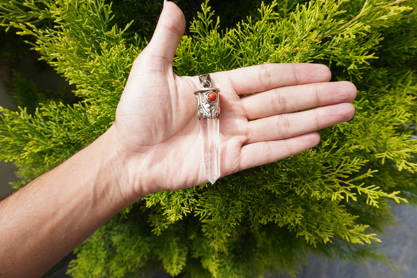 Medium Pointed Crystal Pendant with Red Coral in Tibetan Silver | Unique Design, Handmade Hammered Jewelry, Unisex Daily Wear Gift Idea