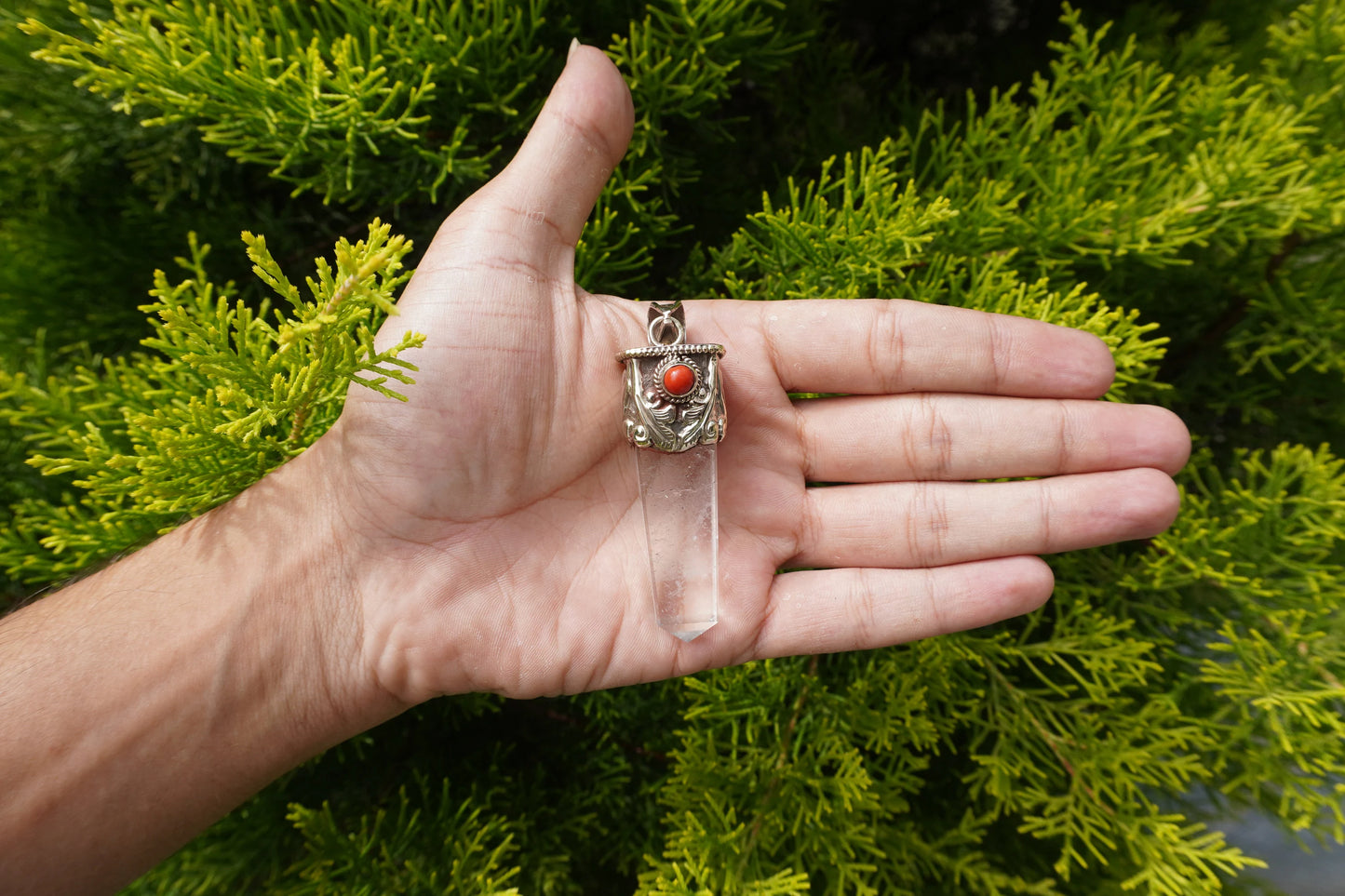 Medium Pointed Crystal Pendant with Red Coral in Tibetan Silver | Unique Design, Handmade Hammered Jewelry, Unisex Daily Wear Gift Idea
