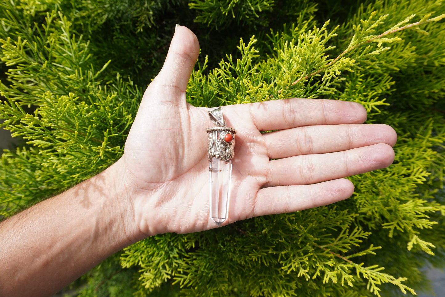 Medium Pointed Crystal Pendant with Red Coral in Tibetan Silver | Unique Design, Handmade Hammered Jewelry, Unisex Daily Wear Gift Idea