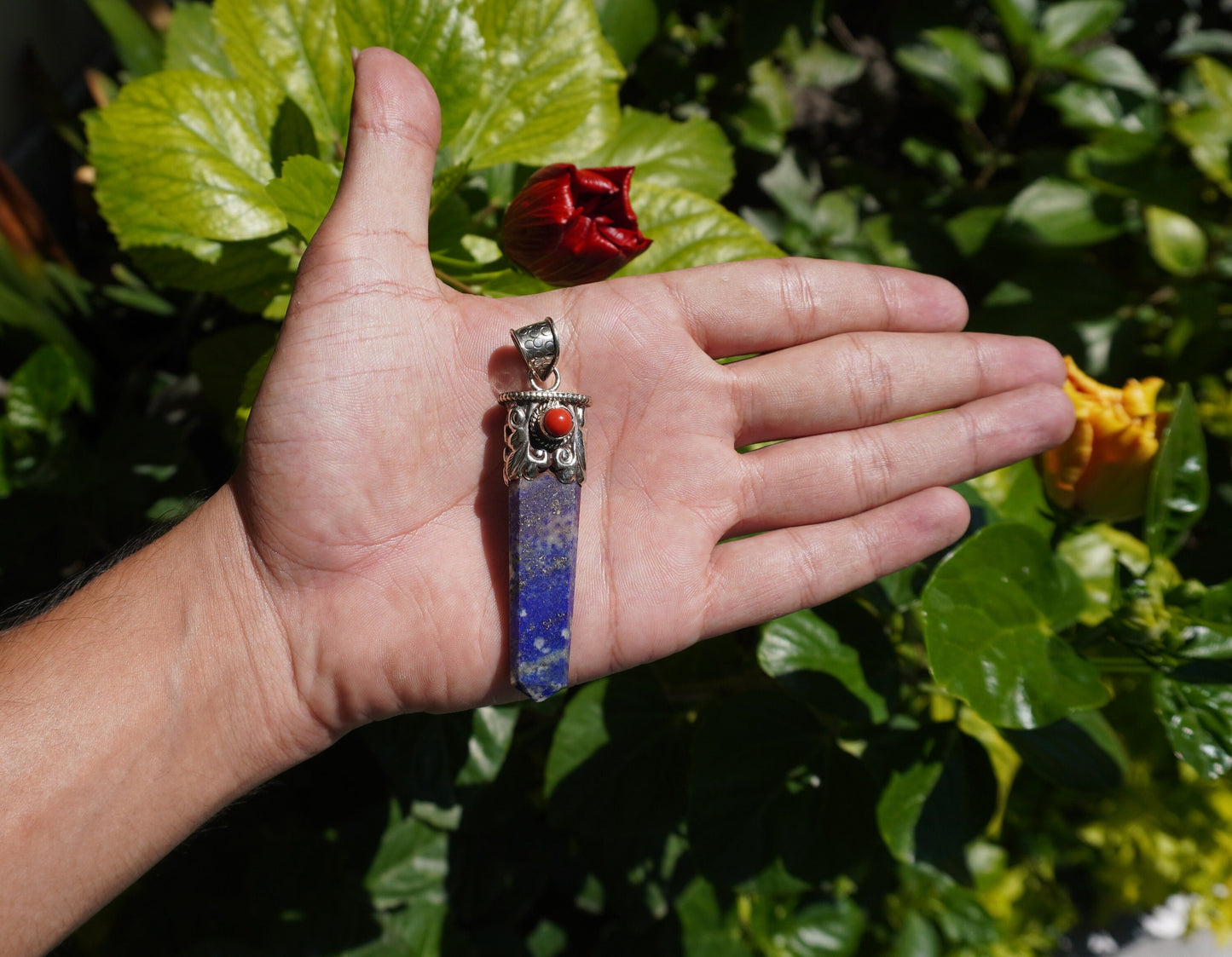 Medium Pointed Lapis Lazuli with Red Coral Tibetan Silver Pendant | Unique Design, Hammered Pendant, Unique jewelry, Gift ideas for him/her