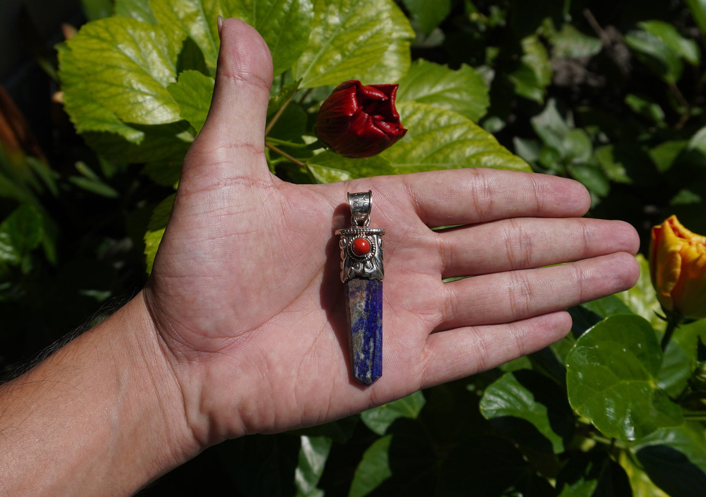Medium Pointed Lapis Lazuli with Red Coral Tibetan Silver Pendant | Unique Design, Hammered Pendant, Unique jewelry, Gift ideas for him/her