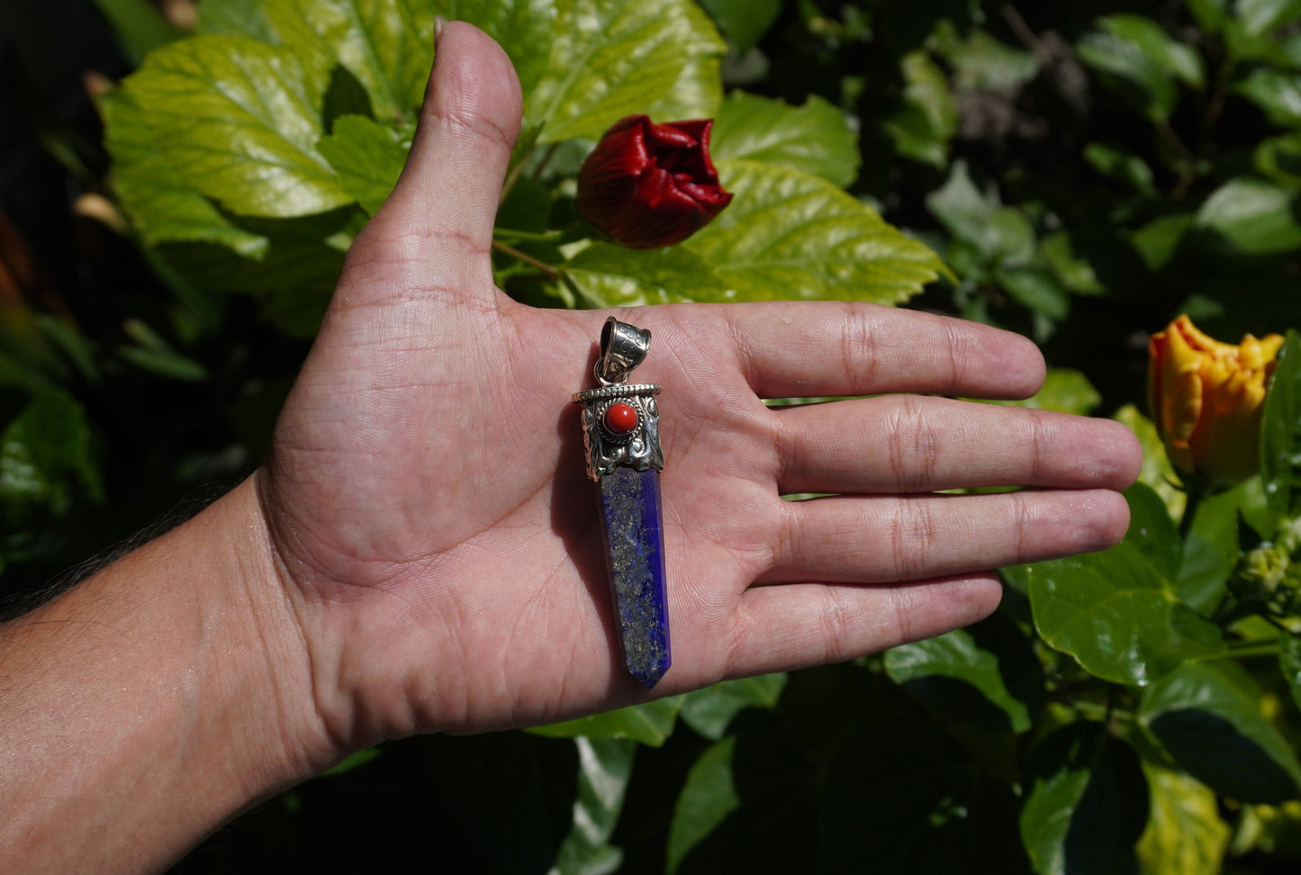 Medium Pointed Lapis Lazuli with Red Coral Tibetan Silver Pendant | Unique Design, Hammered Pendant, Unique jewelry, Gift ideas for him/her