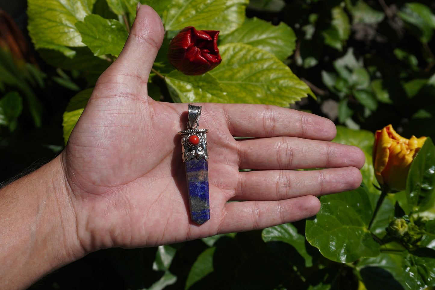 Medium Pointed Lapis Lazuli with Red Coral Tibetan Silver Pendant | Unique Design, Hammered Pendant, Unique jewelry, Gift ideas for him/her