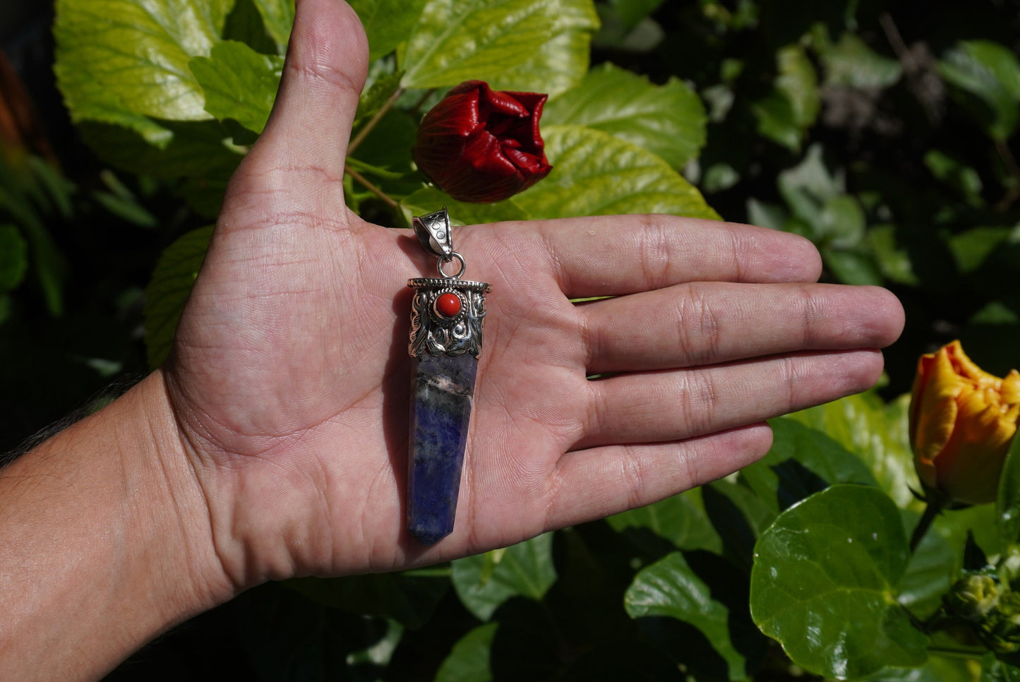 Medium Pointed Lapis Lazuli with Red Coral Tibetan Silver Pendant | Unique Design, Hammered Pendant, Unique jewelry, Gift ideas for him/her