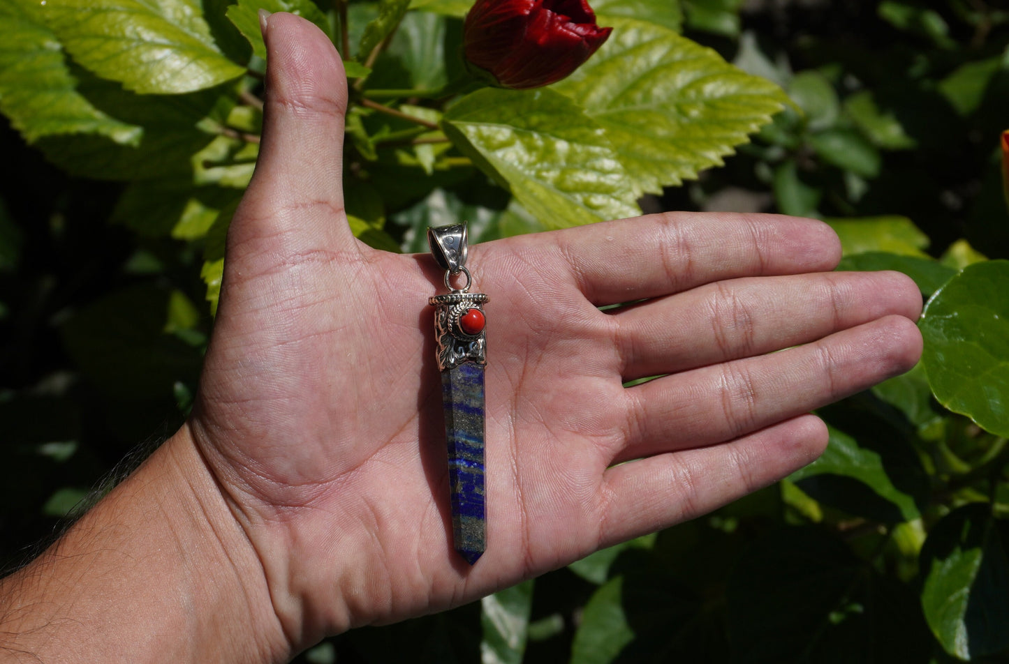 Medium Pointed Lapis Lazuli with Red Coral Tibetan Silver Pendant | Unique Design, Hammered Pendant, Unique jewelry, Gift ideas for him/her