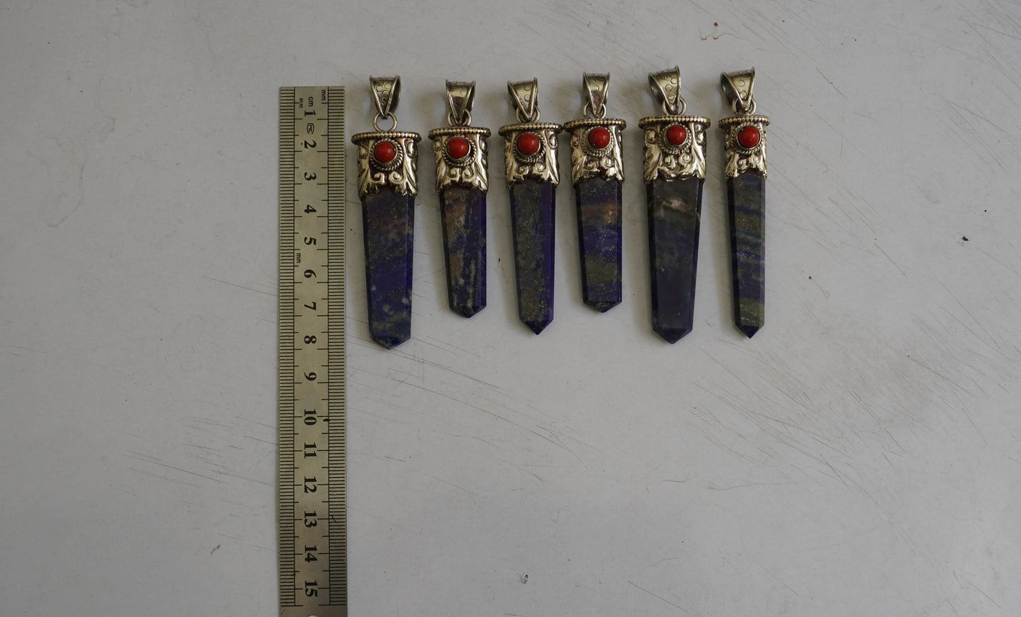 Medium Pointed Lapis Lazuli with Red Coral Tibetan Silver Pendant | Unique Design, Hammered Pendant, Unique jewelry, Gift ideas for him/her