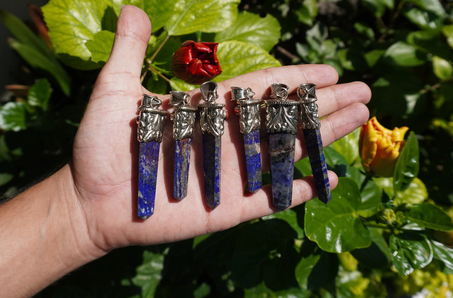 Medium Pointed Lapis Lazuli with Red Coral Tibetan Silver Pendant | Unique Design, Hammered Pendant, Unique jewelry, Gift ideas for him/her