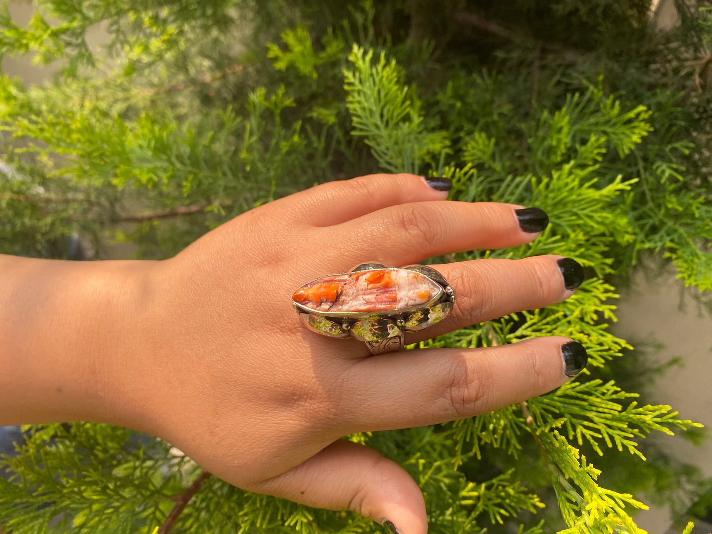 Medium sized Adjustable Spiny Orange Oyster Ring, Unisex Adjustable Tibetan Silver Ring.