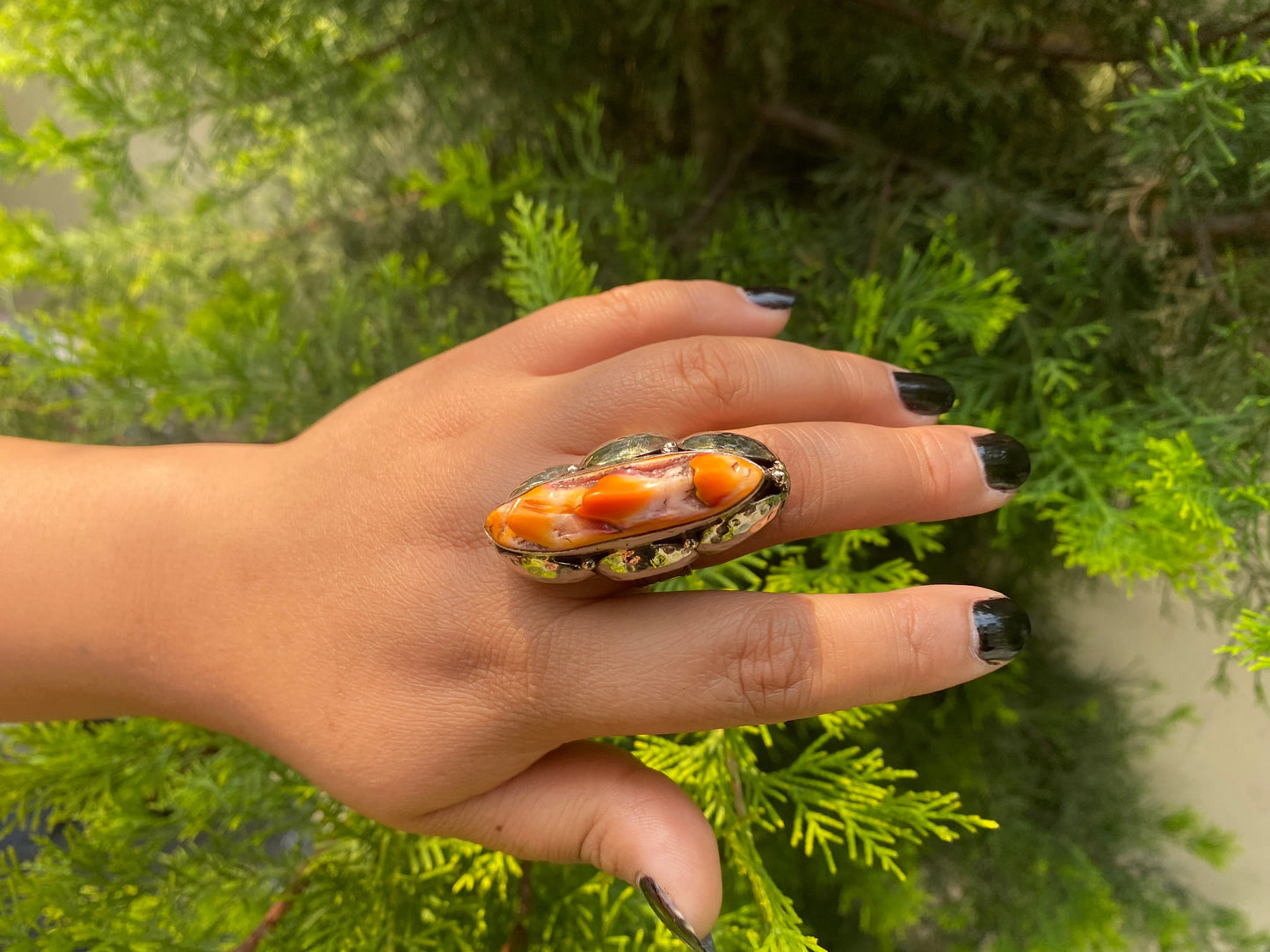 Medium sized Adjustable Spiny Orange Oyster Ring, Unisex Adjustable Tibetan Silver Ring.