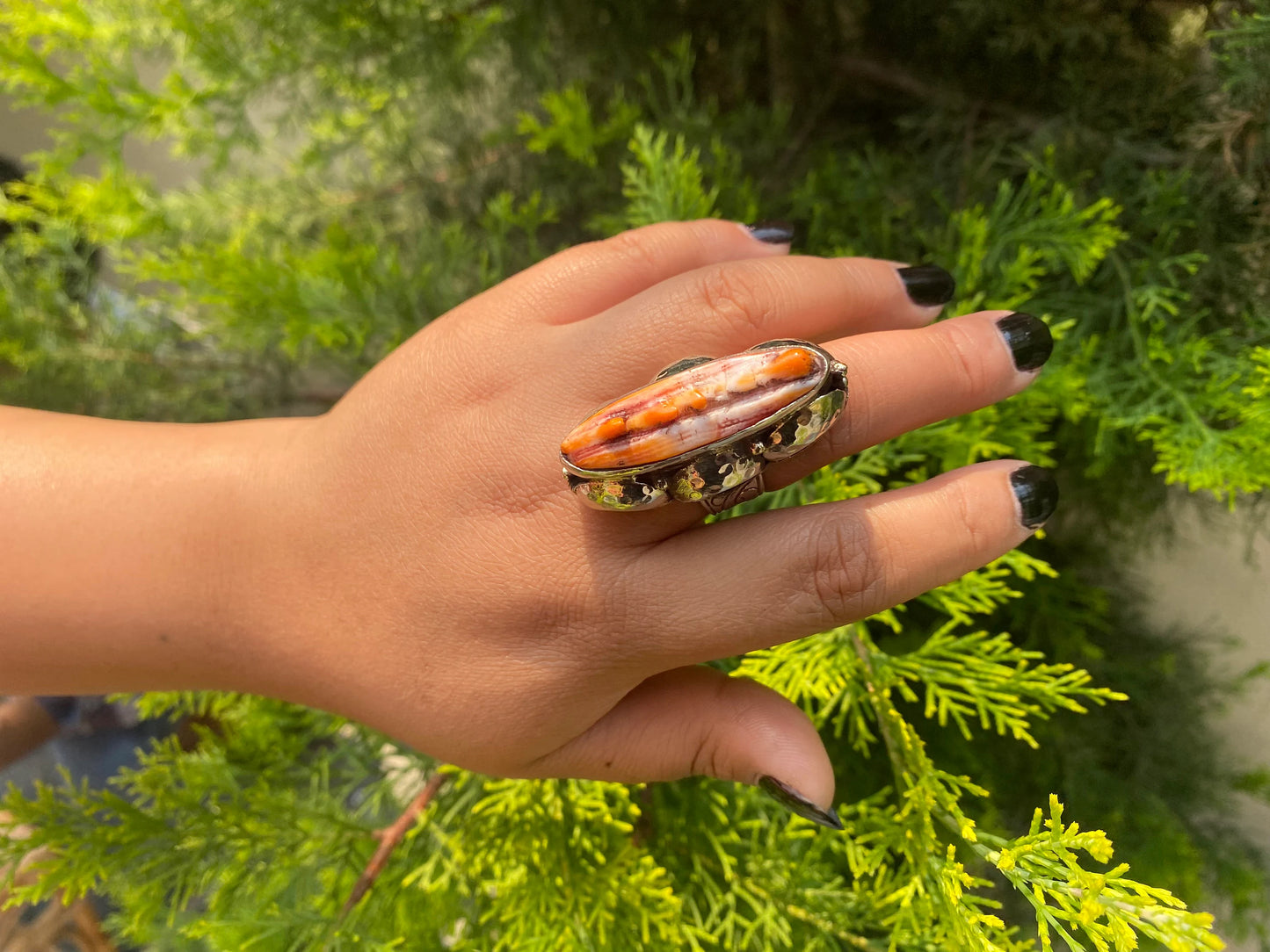 Medium sized Adjustable Spiny Orange Oyster Ring, Unisex Adjustable Tibetan Silver Ring.