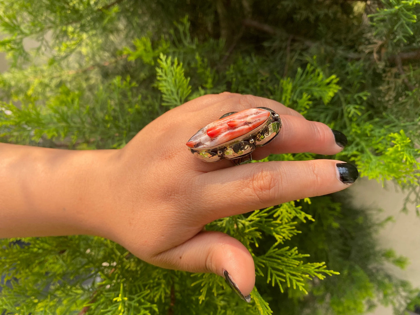 Medium sized Adjustable Spiny Orange Oyster Ring, Unisex Adjustable Tibetan Silver Ring.