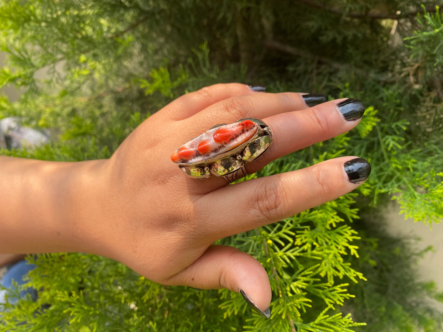 Medium sized Adjustable Spiny Orange Oyster Ring, Unisex Adjustable Tibetan Silver Ring.