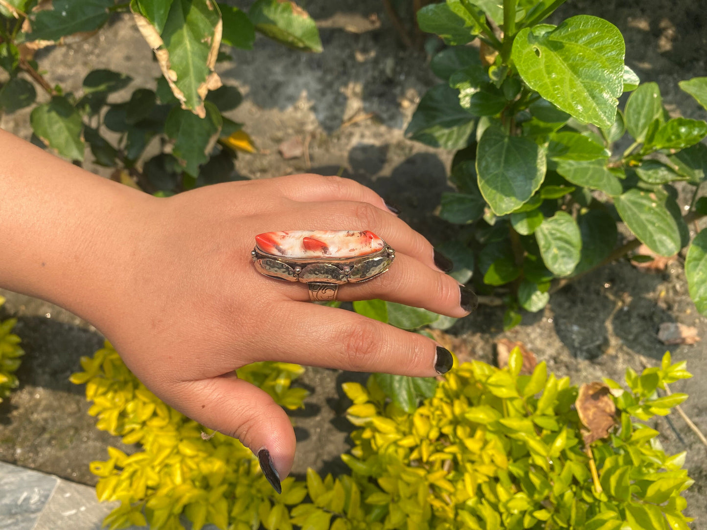 Medium sized handmade spiny oyster ring, made with tibetan silver.