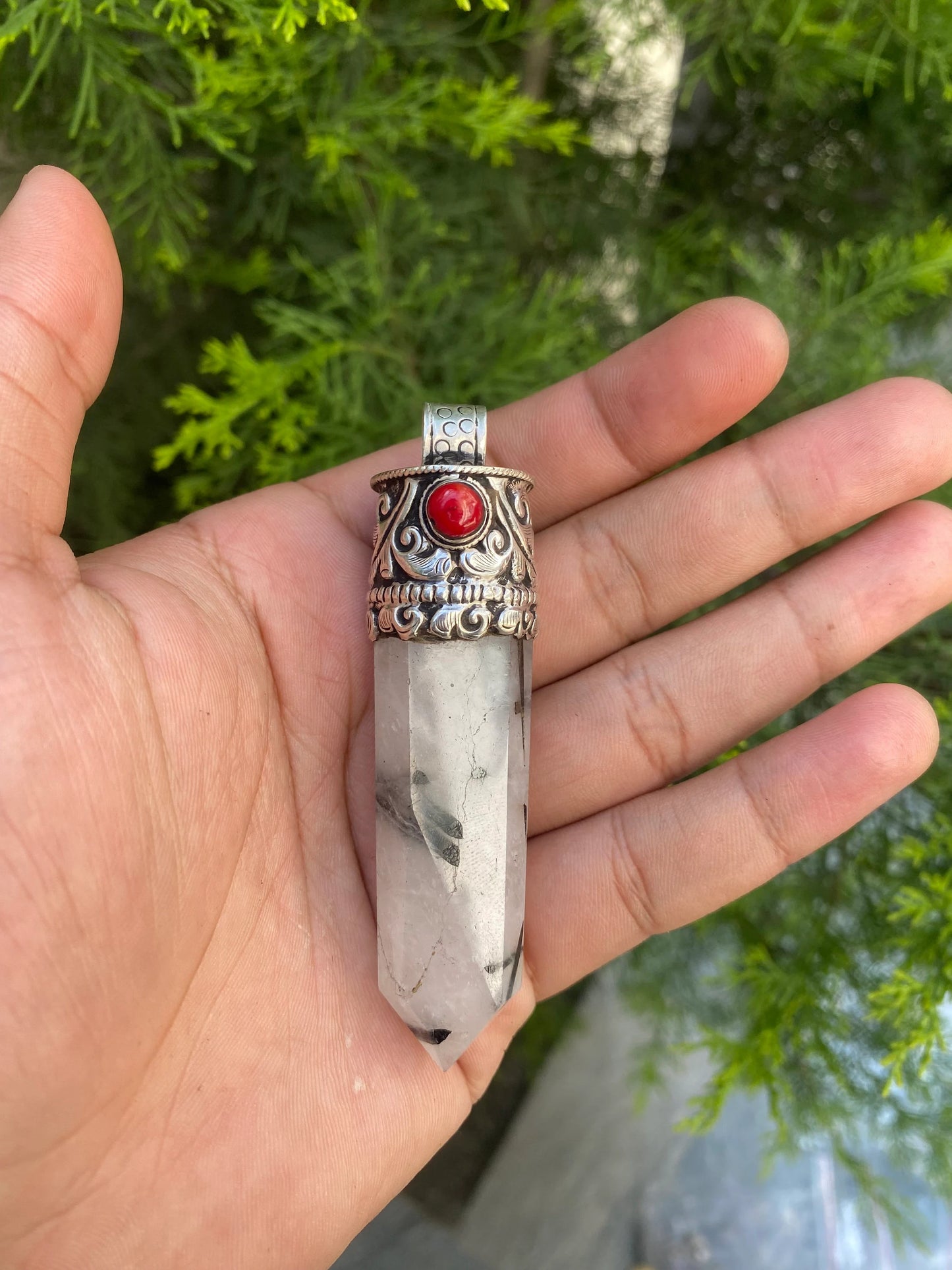 Moon stone and Crystal adorned with Coral and Turquoise