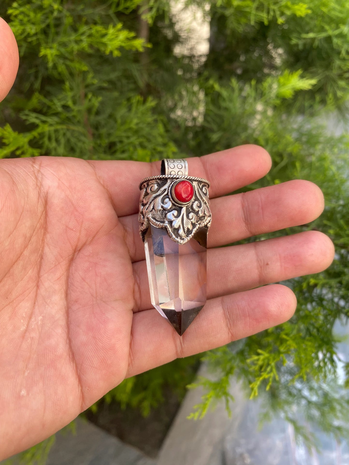 Moon stone and Crystal adorned with Coral and Turquoise