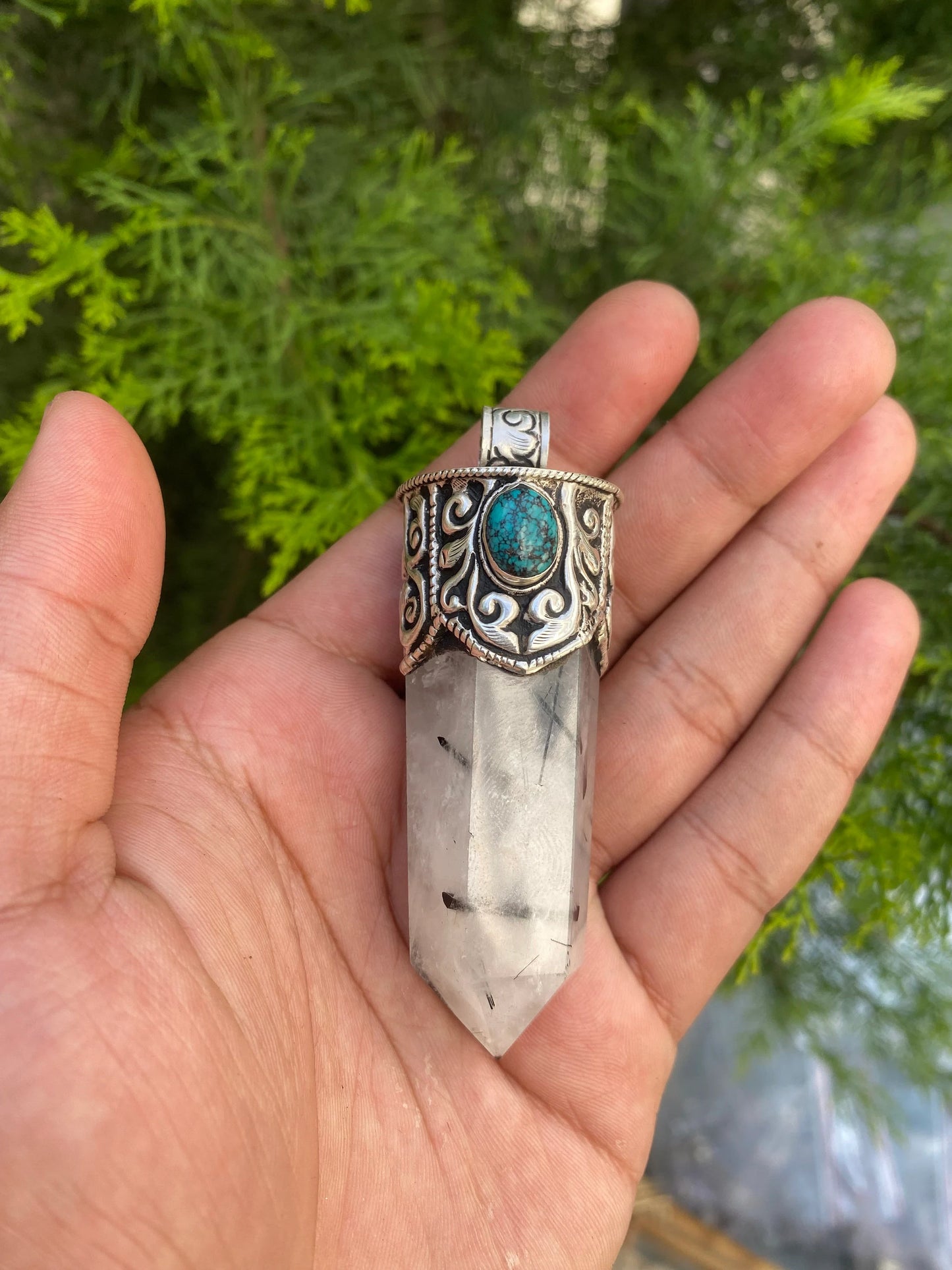 Moon stone and Crystal adorned with Coral and Turquoise