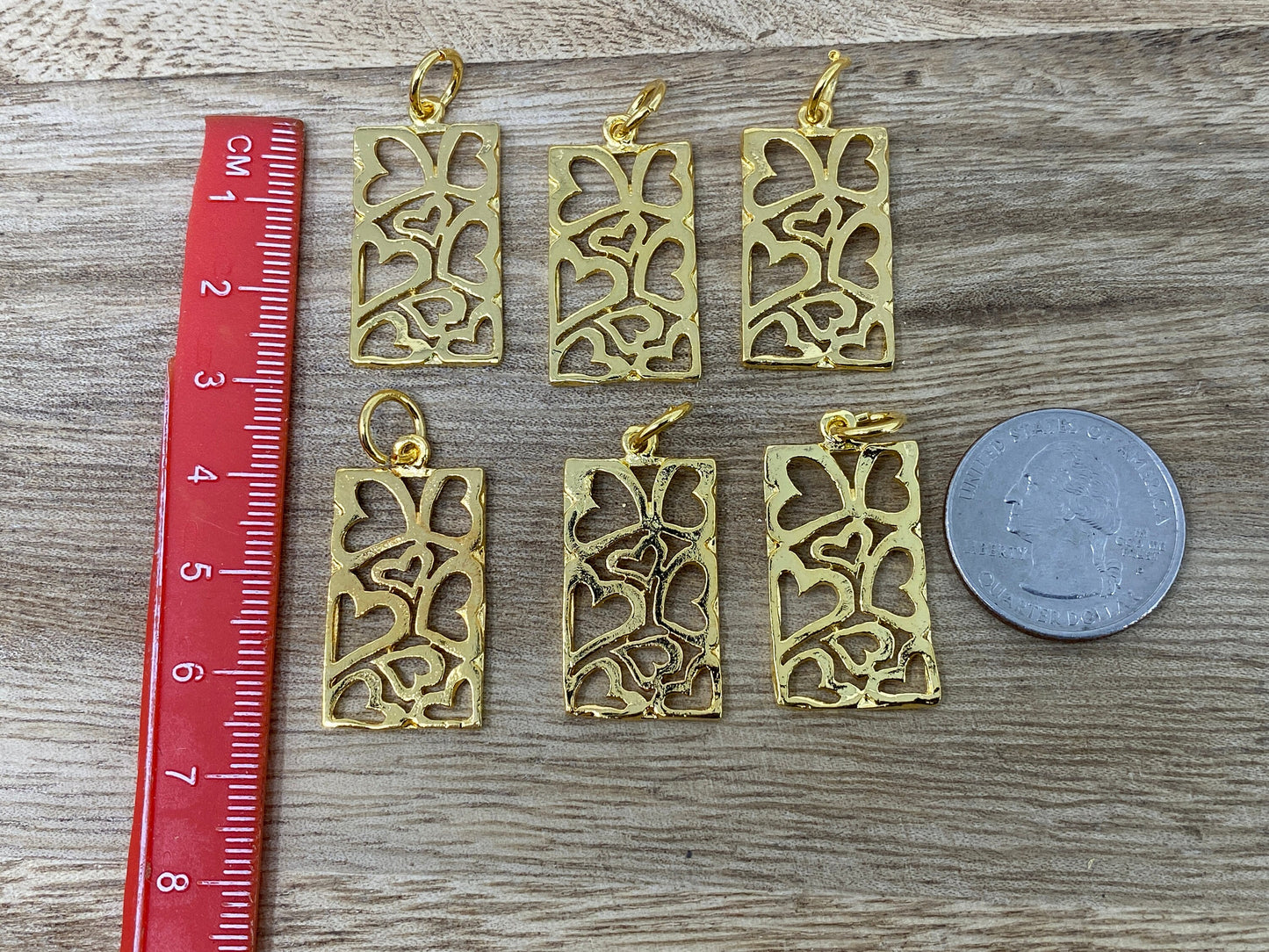 Multi Heart Pendant, 18k Shiny Gold Overlay Charms, Small Gold Pendant, Gold Plated, Rectangle Shapes Charms, Anti Tarnish, Jewelry Findings
