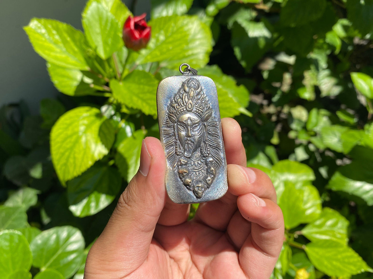 Mystical Strength: Brass Pendant Featuring Goddess Kali, Hindu goddess inspired pendant, Silver overlay pendant for Unique daily wear.