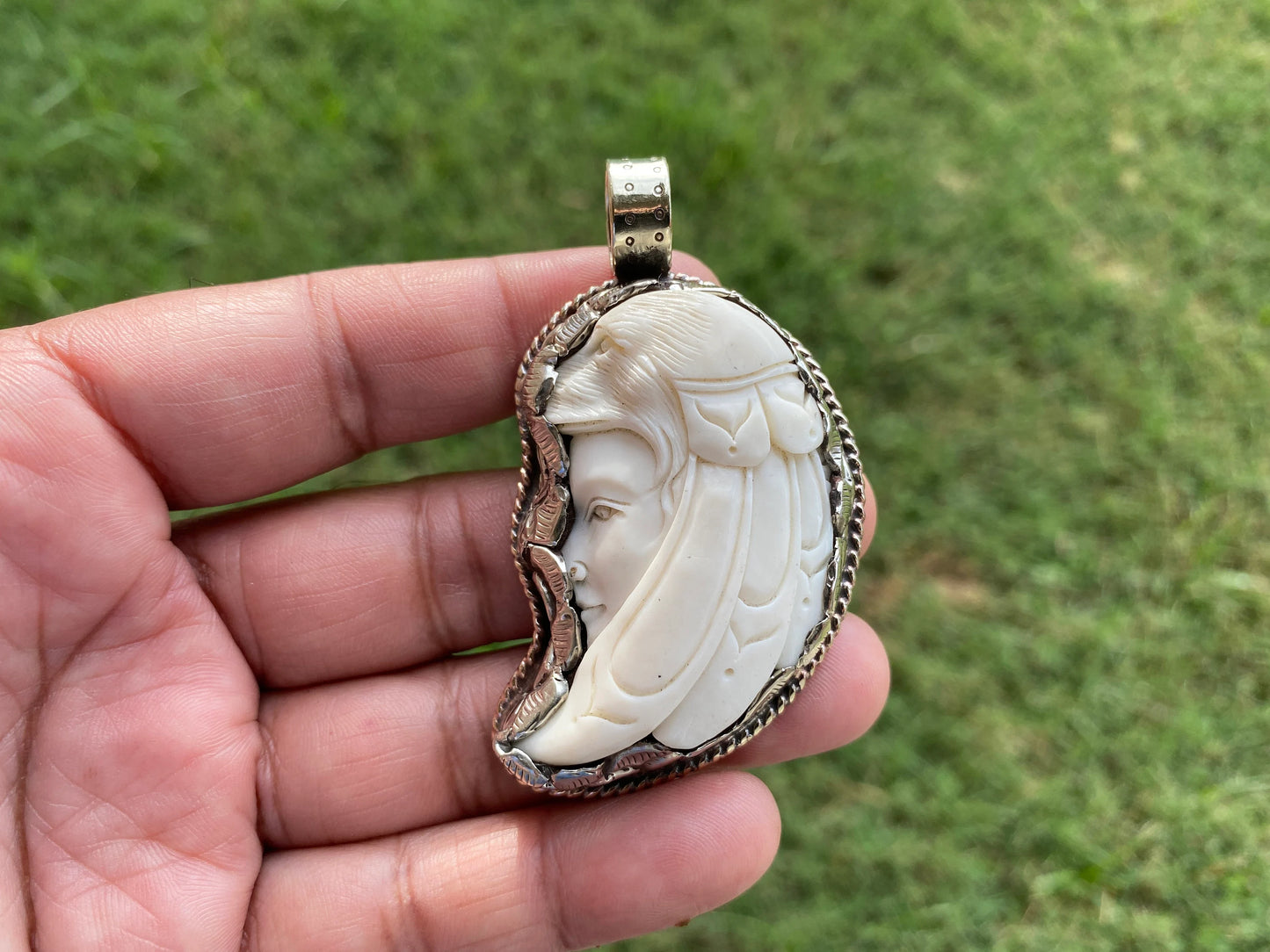 Native American Shaman Amulet Carved Bone Tibetan Silver Pendant, Wolf Goddess, Warrior Pendant, Bone Carved Wolf Pendant for Necklace
