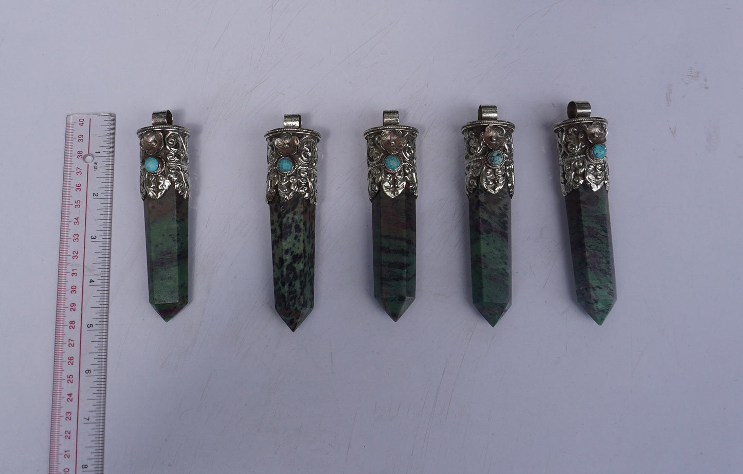 Natural African Ruby Zoisite Stone Pendant with Tibetan Silver Details and Turquoise highlight, Aesthetic Point, Unique Natural Gemstone.
