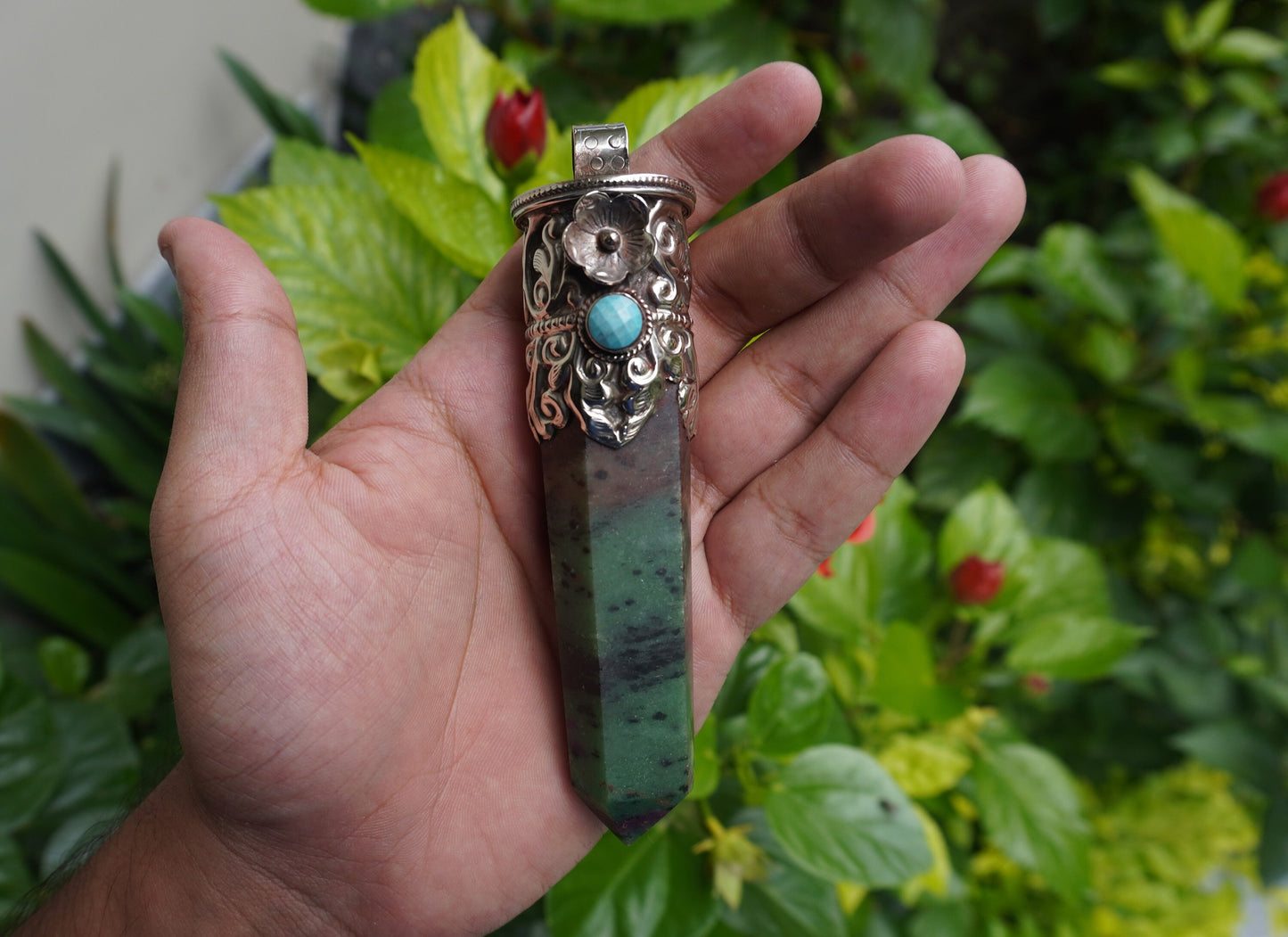 Natural African Ruby Zoisite Stone Pendant with Tibetan Silver Details and Turquoise highlight, Aesthetic Point, Unique Natural Gemstone.