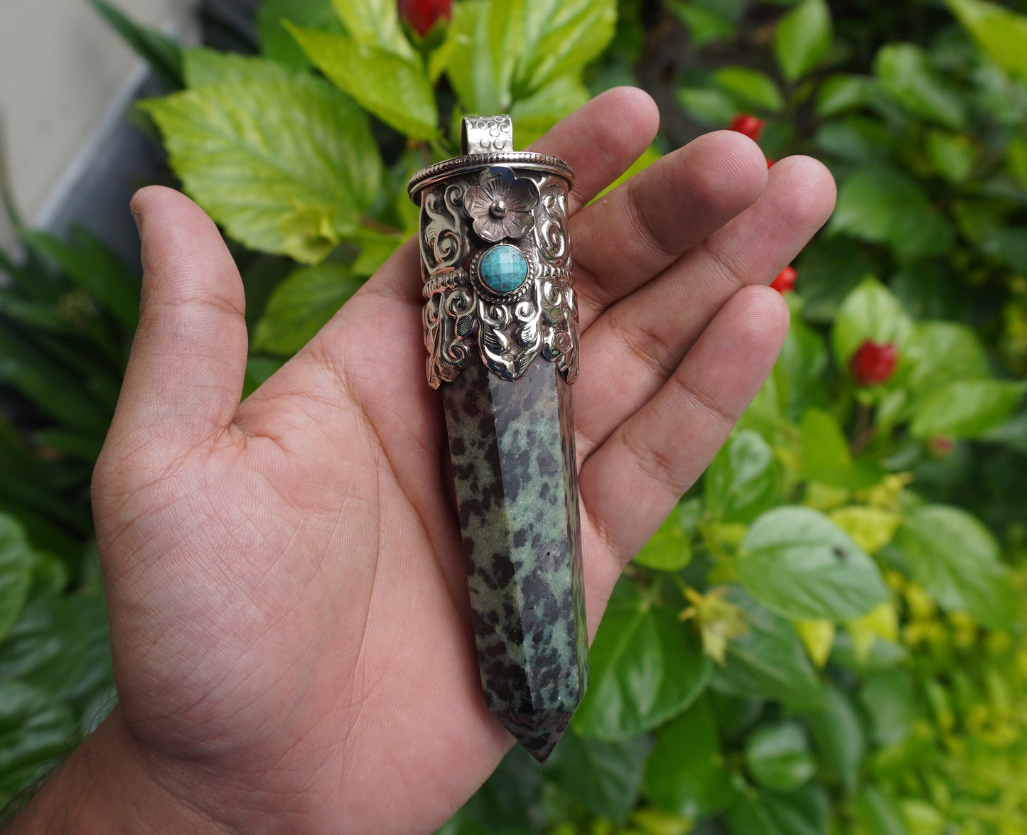 Natural African Ruby Zoisite Stone Pendant with Tibetan Silver Details and Turquoise highlight, Aesthetic Point, Unique Natural Gemstone.