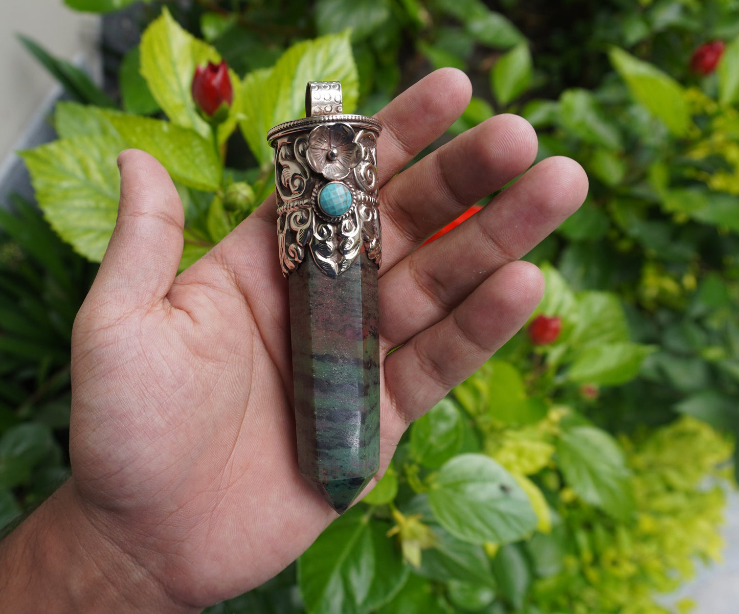 Natural African Ruby Zoisite Stone Pendant with Tibetan Silver Details and Turquoise highlight, Aesthetic Point, Unique Natural Gemstone.