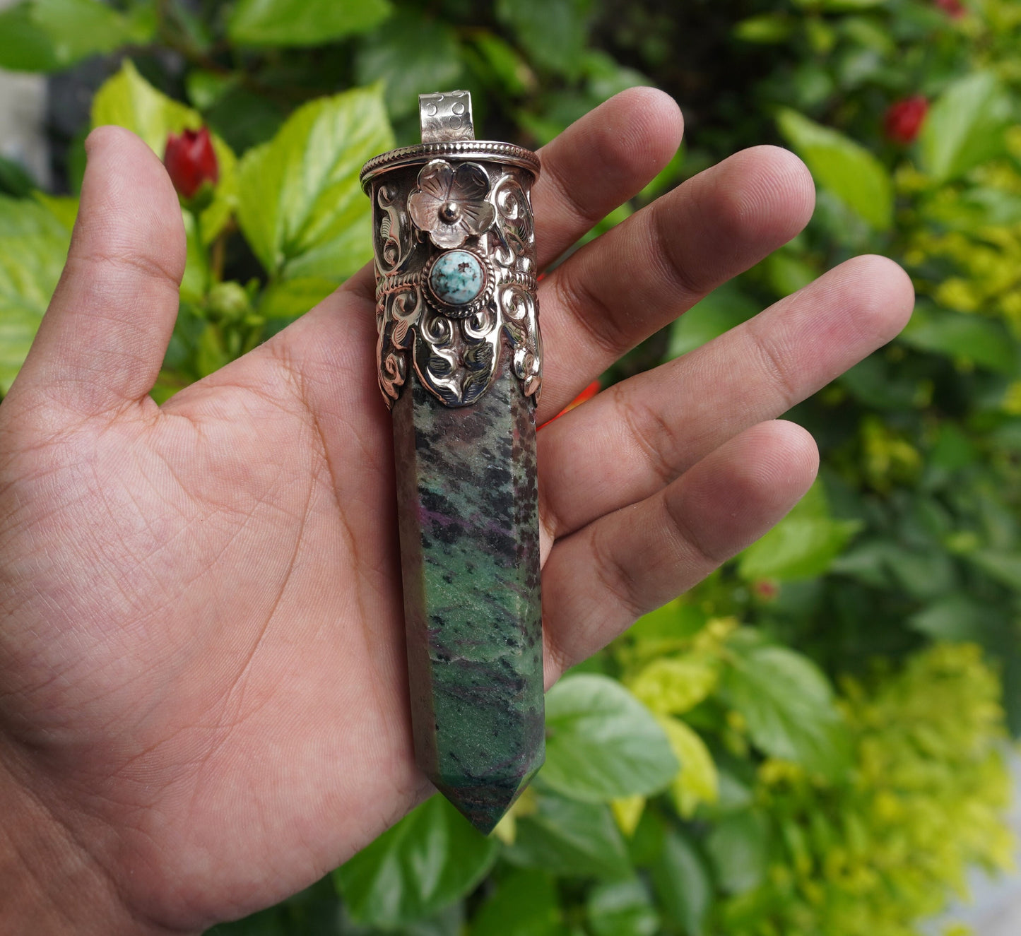 Natural African Ruby Zoisite Stone Pendant with Tibetan Silver Details and Turquoise highlight, Aesthetic Point, Unique Natural Gemstone.