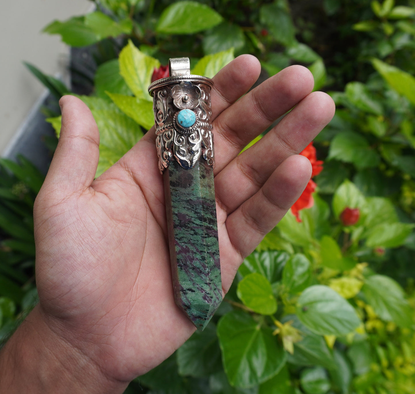 Natural African Ruby Zoisite Stone Pendant with Tibetan Silver Details and Turquoise highlight, Aesthetic Point, Unique Natural Gemstone.